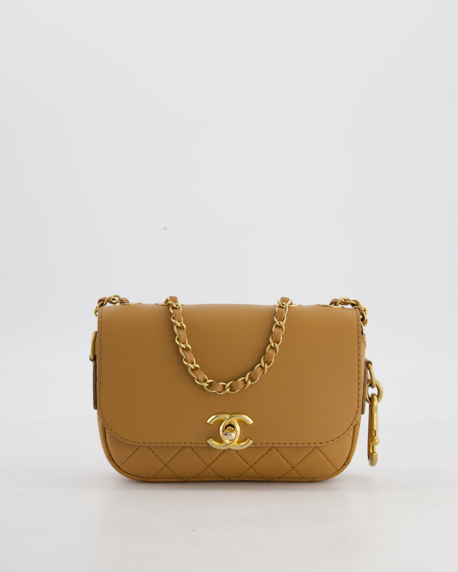 Chanel Caramel Quilted Multi Pouch Mini Flap Bag with Coin Purse in Lambskin Leather with Brushed Gold Hardware