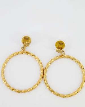 *RARE* Chanel 97P Vintage Gold Large Spiral Hoop Pendant Earrings with Pearls and Gold CC Logo Detail