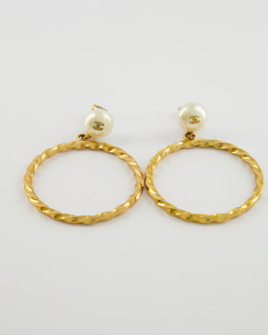 *RARE* Chanel 97P Vintage Gold Large Spiral Hoop Pendant Earrings with Pearls and Gold CC Logo Detail