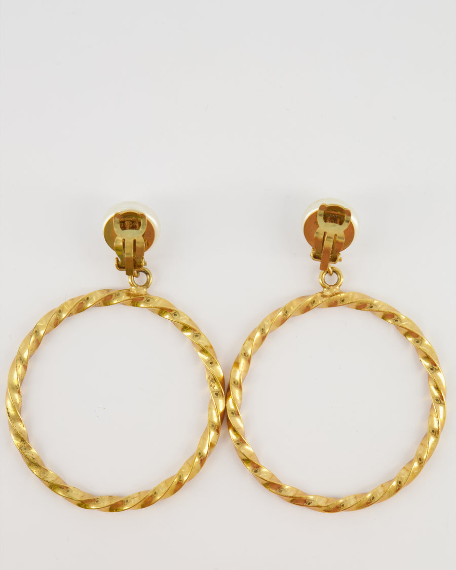*RARE* Chanel 97P Vintage Gold Large Spiral Hoop Pendant Earrings with Pearls and Gold CC Logo Detail