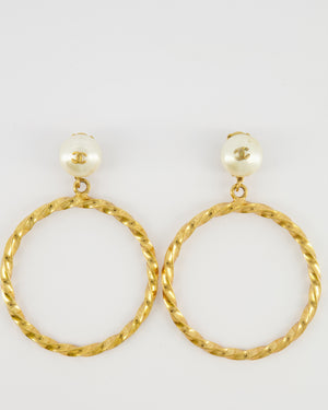 *RARE* Chanel 97P Vintage Gold Large Spiral Hoop Pendant Earrings with Pearls and Gold CC Logo Detail