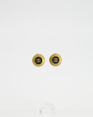 Chanel 95C Vintage Gold and Black Round Clip-On Earrings with Gold CC Logo Detail