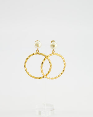 *RARE* Chanel 97P Vintage Gold Large Spiral Hoop Pendant Earrings with Pearls and Gold CC Logo Detail