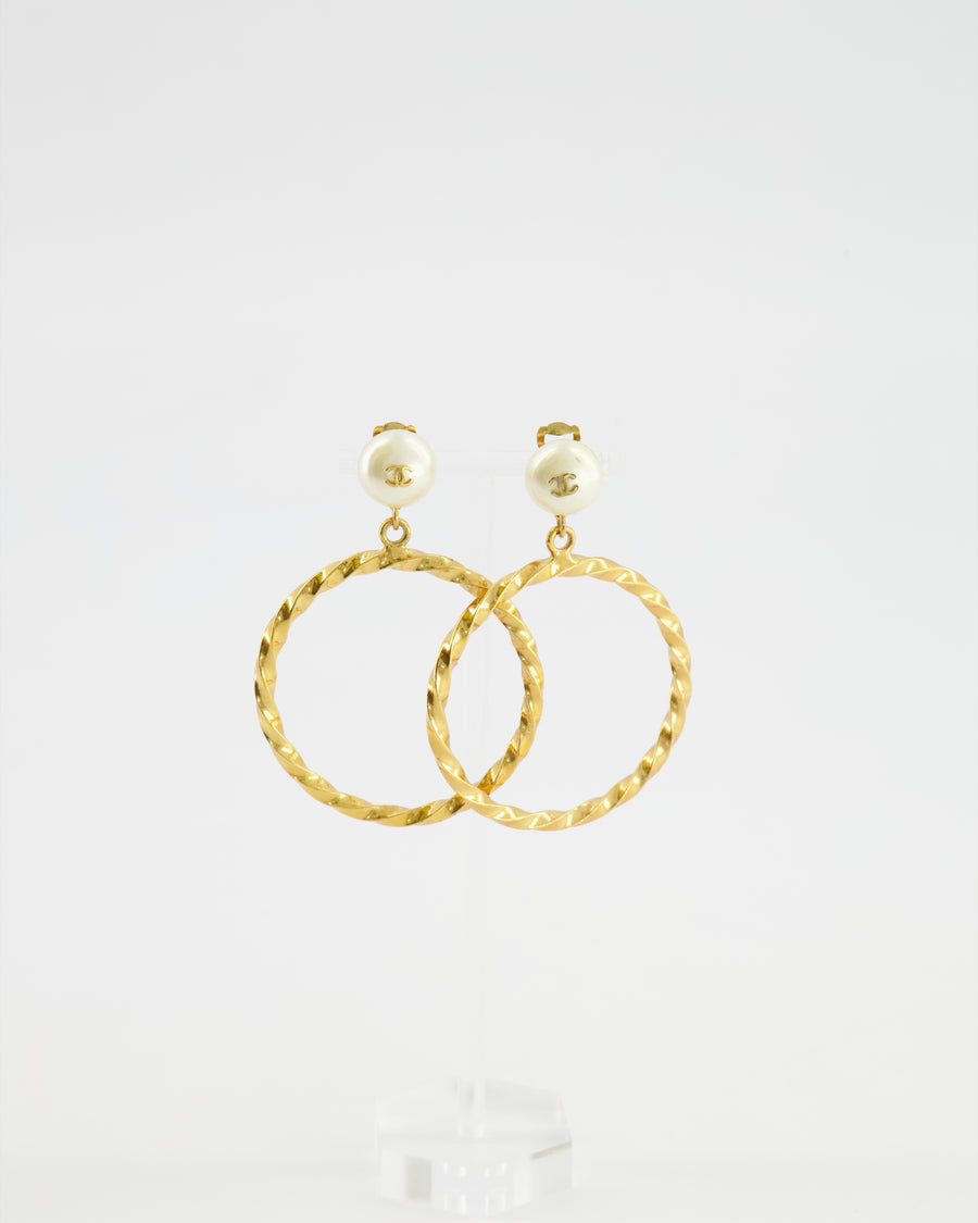 *RARE* Chanel 97P Vintage Gold Large Spiral Hoop Pendant Earrings with Pearls and Gold CC Logo Detail