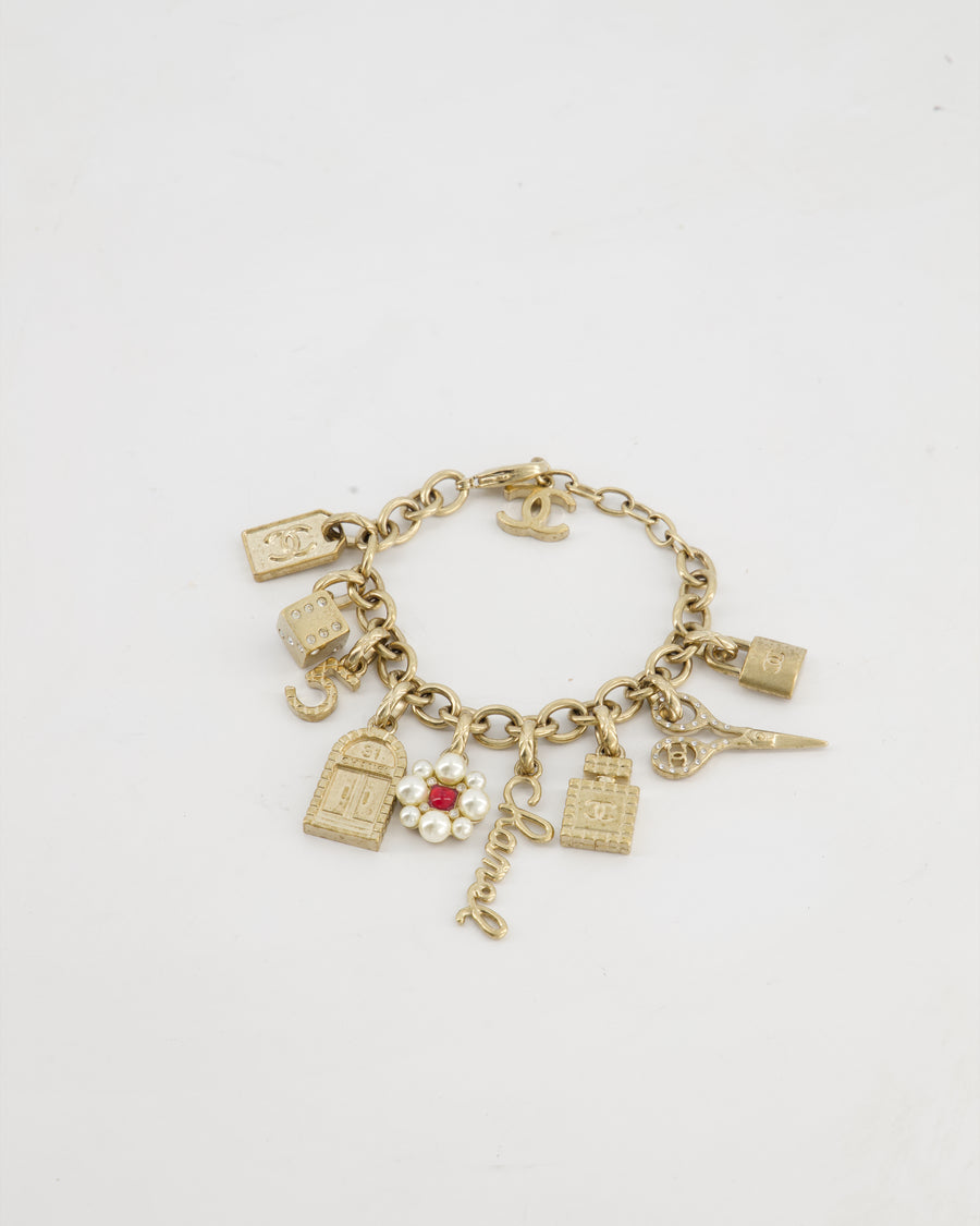 Chanel Gold Charm Bracelet with Classic Chanel Charms CC Detail