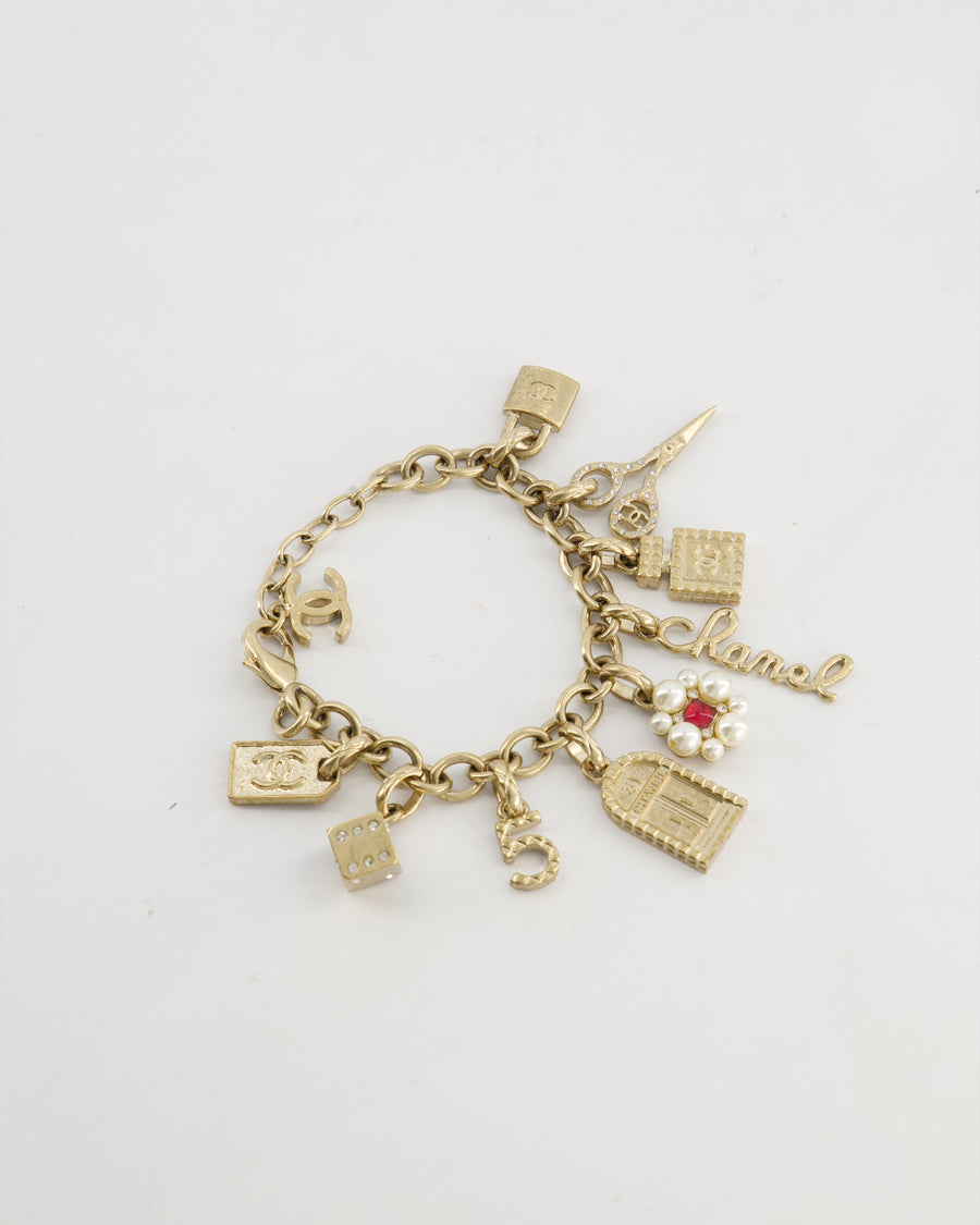 Chanel Gold Charm Bracelet with Classic Chanel Charms CC Detail