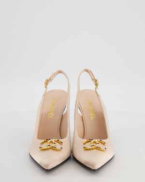 Chanel Light Pink Satin Slingback Shoes with Multi Colour Embellished CC Logo Detail Size EU 39C