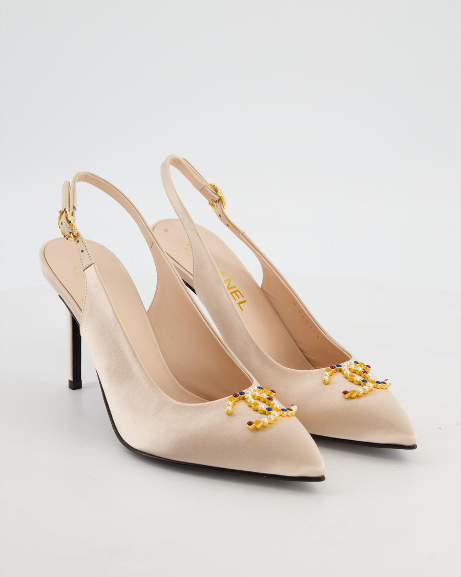 Chanel Light Pink Satin Slingback Shoes with Multi Colour Embellished CC Logo Detail Size EU 39C