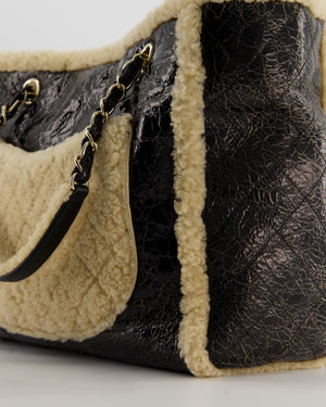 Chanel Black Shiny Crumpled Shearling CC Mania Deauville Tote Bag with Champagne Gold Hardware
