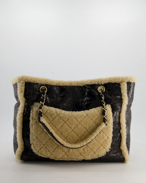 Chanel Black Shiny Crumpled Shearling CC Mania Deauville Tote Bag with Champagne Gold Hardware