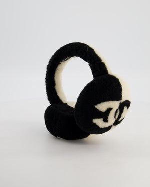 *HOT* Chanel Black White Shearling Lambskin CC Logo Earmuffs