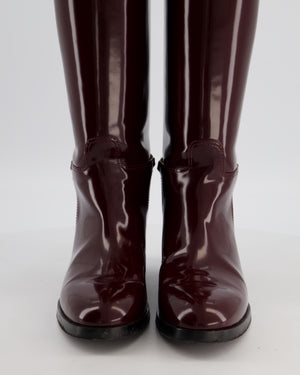 Gucci Burgundy Knee High Patent Boots with Gold Horsebit Detail Size EU 39