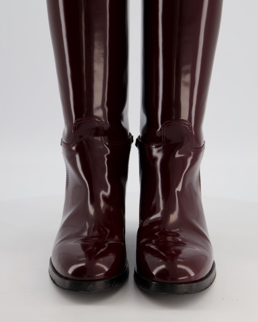 Gucci Burgundy Knee High Patent Boots with Gold Horsebit Detail Size EU 39