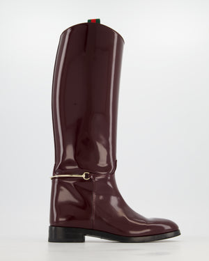 Gucci Burgundy Knee High Patent Boots with Gold Horsebit Detail Size EU 39