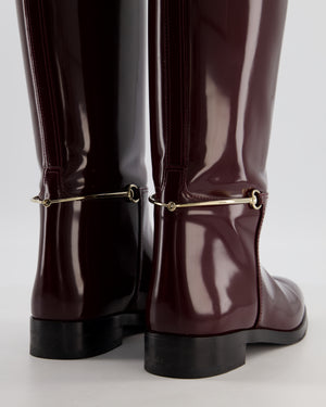 Gucci Burgundy Knee High Patent Boots with Gold Horsebit Detail Size EU 39