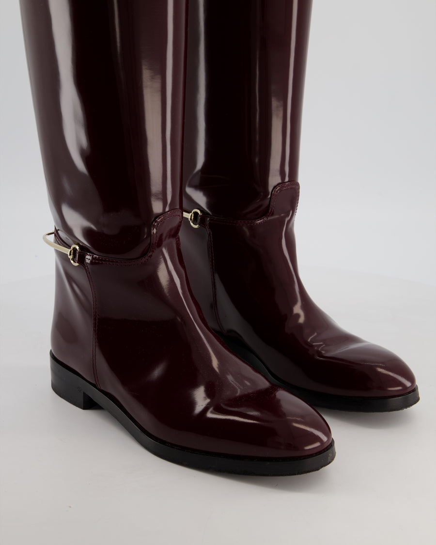 Gucci Burgundy Knee High Patent Boots with Gold Horsebit Detail Size EU 39