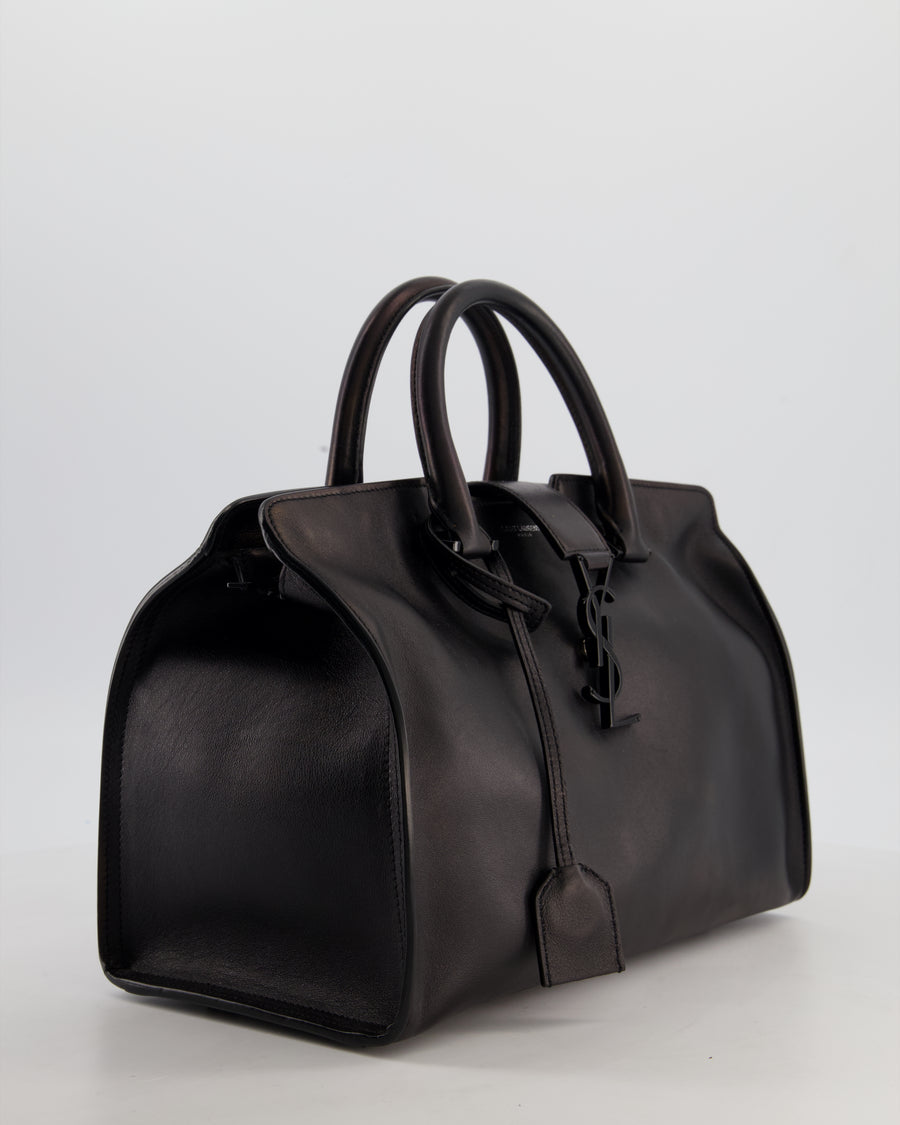 Saint Laurent Black Small Monogram Cabas Satchel Bag in Calfskin Leather and Black Hardware