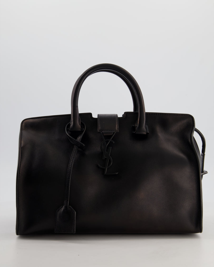 Saint Laurent Black Small Monogram Cabas Satchel Bag in Calfskin Leather and Black Hardware