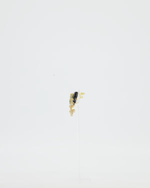 Chanel 24A Black Leather Bow and Green Cabochon Stone Earrings with gold CC Rhinestones