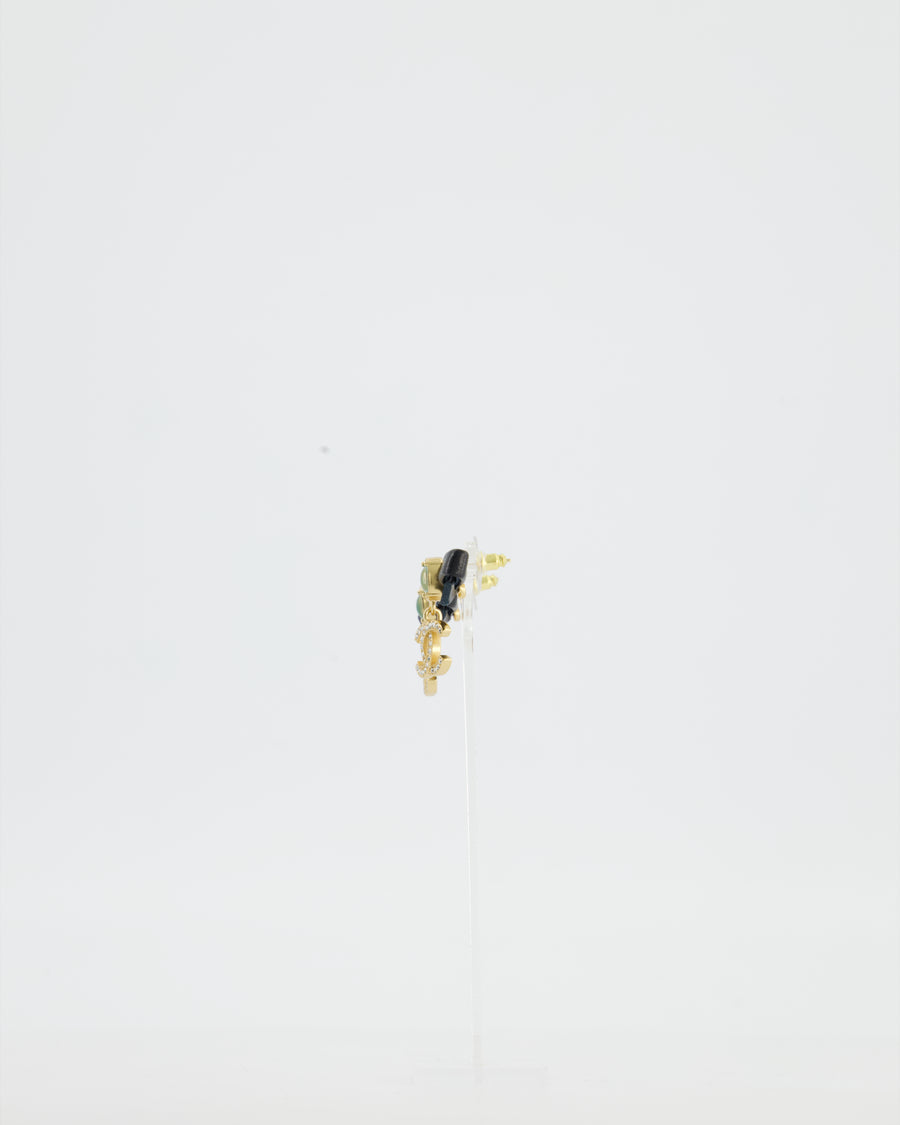 Chanel 24A Black Leather Bow and Green Cabochon Stone Earrings with gold CC Rhinestones