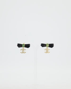 Chanel 24A Black Leather Bow and Green Cabochon Stone Earrings with gold CC Rhinestones