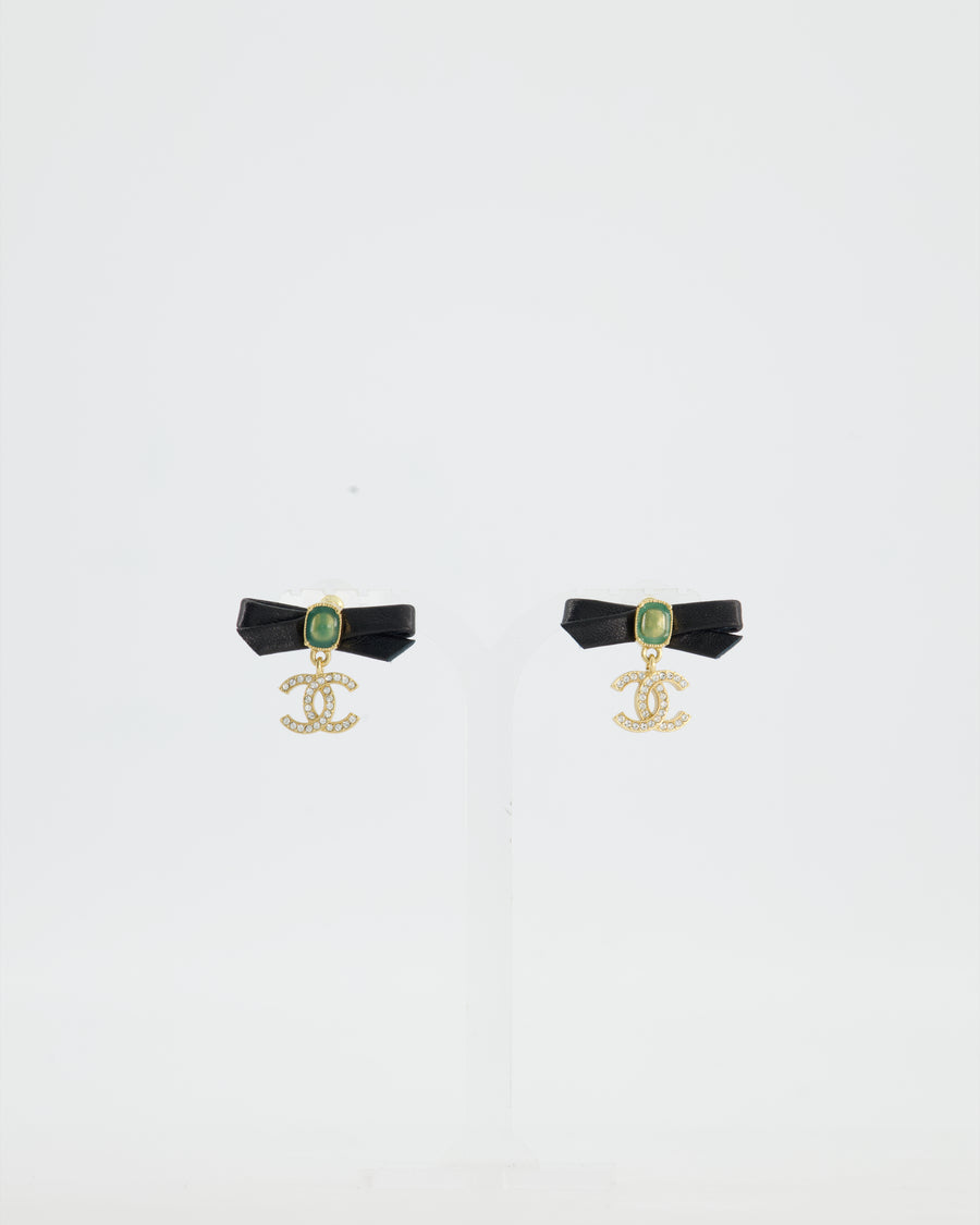 Chanel 24A Black Leather Bow and Green Cabochon Stone Earrings with gold CC Rhinestones