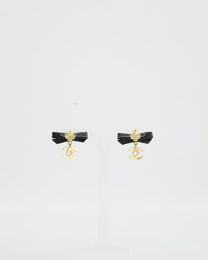 Chanel 24A Black Leather Bow and Green Cabochon Stone Earrings with gold CC Rhinestones
