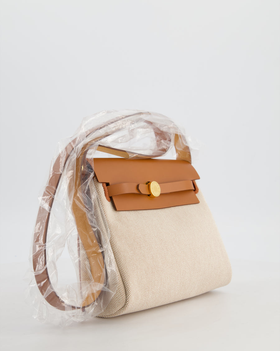 *HOT* Hermès Herbag Zip 20 Bag in Fauve Vache Hunter Leather & Ecru/Beige Viking Canvas with Gold Hardware