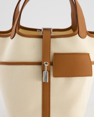 *HOT* Hermès Picotin 18 Lock Cargo Bag in Ecru Canvas & Gold Swift Leather with Palladium Hardware