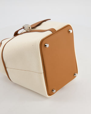 *HOT* Hermès Picotin 18 Lock Cargo Bag in Ecru Canvas & Gold Swift Leather with Palladium Hardware