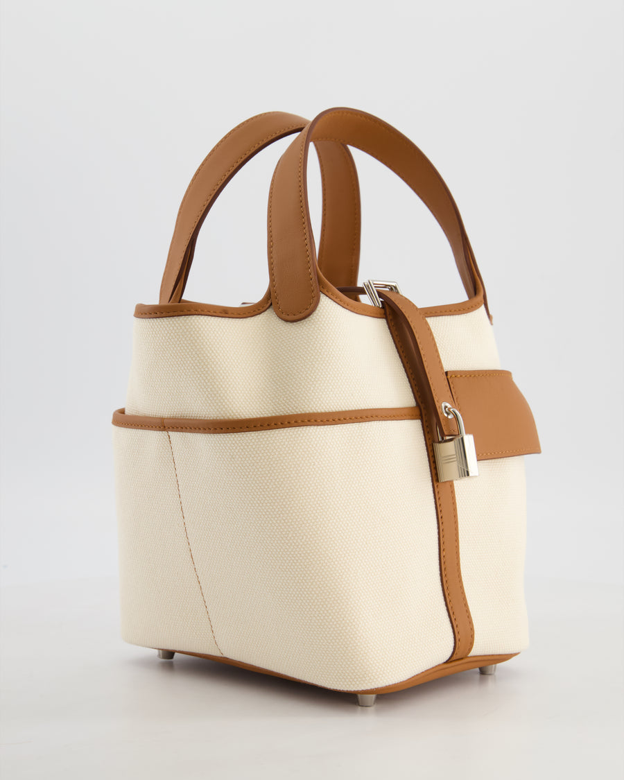 *HOT* Hermès Picotin 18 Lock Cargo Bag in Ecru Canvas & Gold Swift Leather with Palladium Hardware