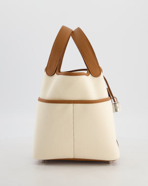 *HOT* Hermès Picotin 18 Lock Cargo Bag in Ecru Canvas & Gold Swift Leather with Palladium Hardware