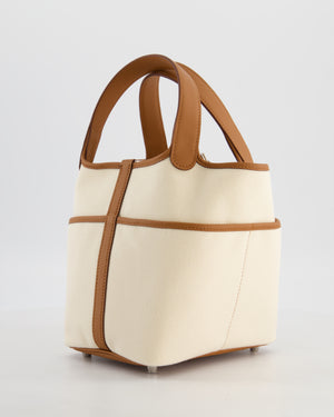 *HOT* Hermès Picotin 18 Lock Cargo Bag in Ecru Canvas & Gold Swift Leather with Palladium Hardware