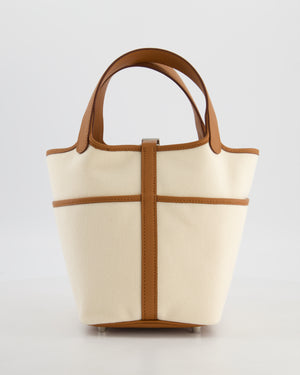 *HOT* Hermès Picotin 18 Lock Cargo Bag in Ecru Canvas & Gold Swift Leather with Palladium Hardware