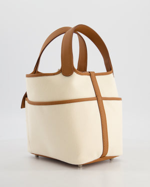 *HOT* Hermès Picotin 18 Lock Cargo Bag in Ecru Canvas & Gold Swift Leather with Palladium Hardware