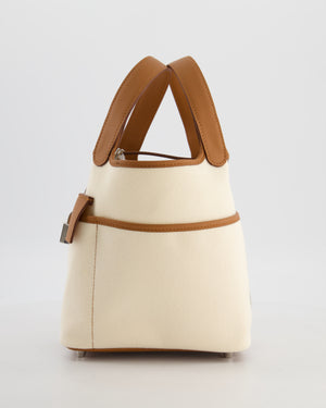 *HOT* Hermès Picotin 18 Lock Cargo Bag in Ecru Canvas & Gold Swift Leather with Palladium Hardware