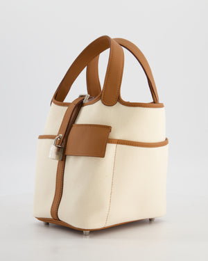 *HOT* Hermès Picotin 18 Lock Cargo Bag in Ecru Canvas & Gold Swift Leather with Palladium Hardware
