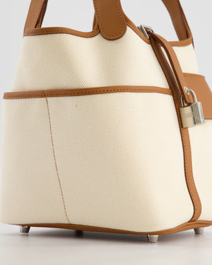 *HOT* Hermès Picotin 18 Lock Cargo Bag in Ecru Canvas & Gold Swift Leather with Palladium Hardware