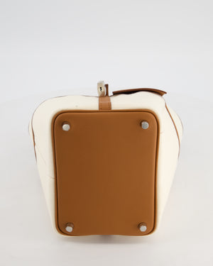 *HOT* Hermès Picotin 18 Lock Cargo Bag in Ecru Canvas & Gold Swift Leather with Palladium Hardware