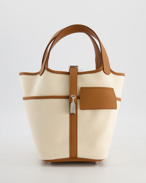 *HOT* Hermès Picotin 18 Lock Cargo Bag in Ecru Canvas & Gold Swift Leather with Palladium Hardware