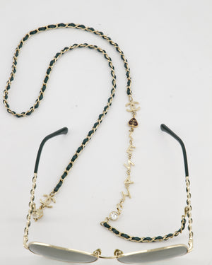 Chanel Champagne Gold & Dark Green Sunglasses with Butterfly Lenses and Attached Chain with Charms