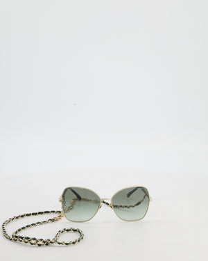 Chanel Champagne Gold & Dark Green Sunglasses with Butterfly Lenses and Attached Chain with Charms