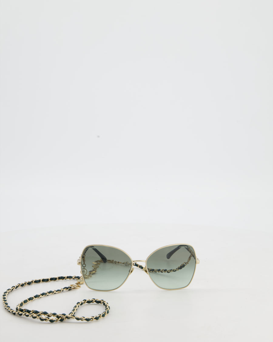 Chanel Champagne Gold & Dark Green Sunglasses with Butterfly Lenses and Attached Chain with Charms