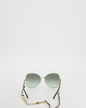 Chanel Champagne Gold & Dark Green Sunglasses with Butterfly Lenses and Attached Chain with Charms