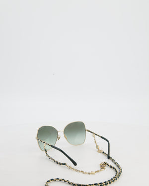 Chanel Champagne Gold & Dark Green Sunglasses with Butterfly Lenses and Attached Chain with Charms