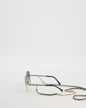 Chanel Champagne Gold & Dark Green Sunglasses with Butterfly Lenses and Attached Chain with Charms
