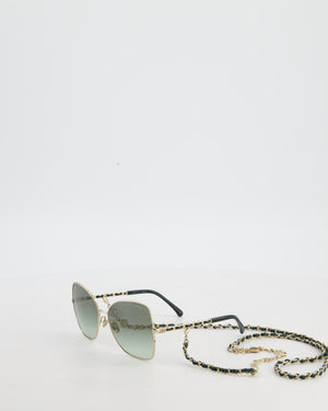Chanel Champagne Gold & Dark Green Sunglasses with Butterfly Lenses and Attached Chain with Charms