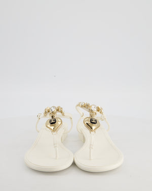 Chanel White Thong Leather Sandal with Gold Chain CC Heart Detail Size EU 39