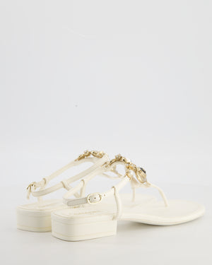 Chanel White Thong Leather Sandal with Gold Chain CC Heart Detail Size EU 39