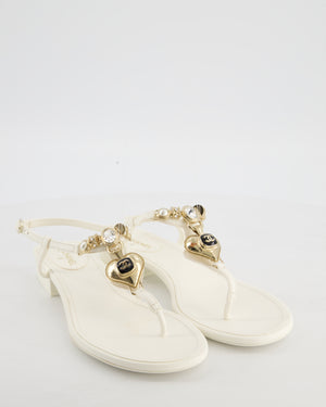 Chanel White Thong Leather Sandal with Gold Chain CC Heart Detail Size EU 39